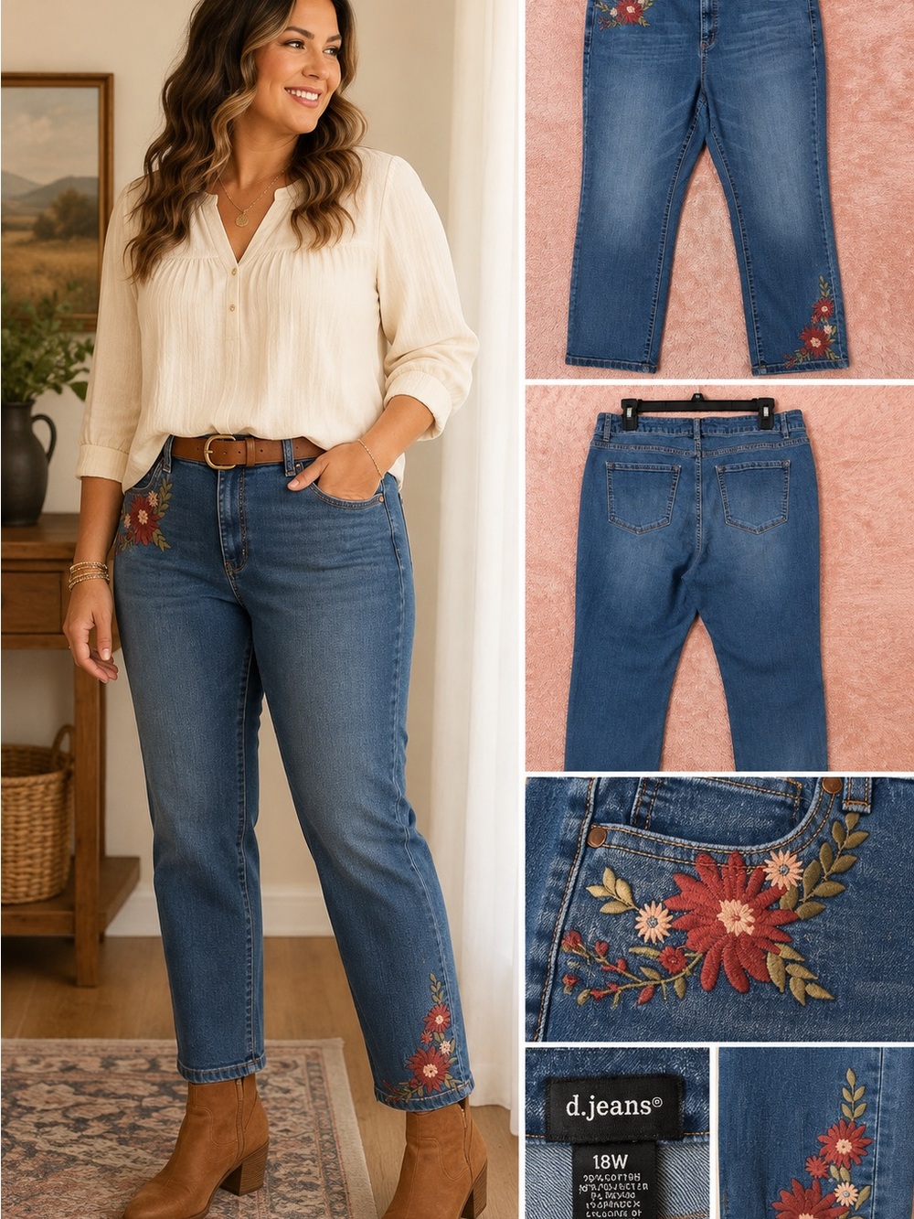 d.jeans 18W Embroidered Floral Stretch Jeans Blue Denim